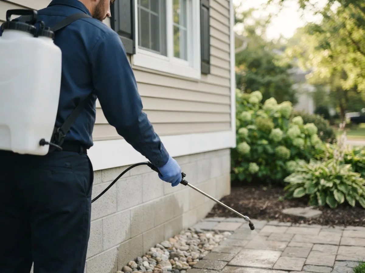Pest control technician inspecting a home in Sanger, TX